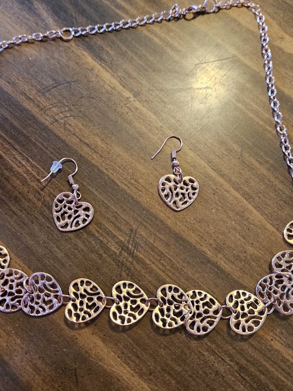 Heart Filigree Necklace and Earrings Set - Rose Gold Tone